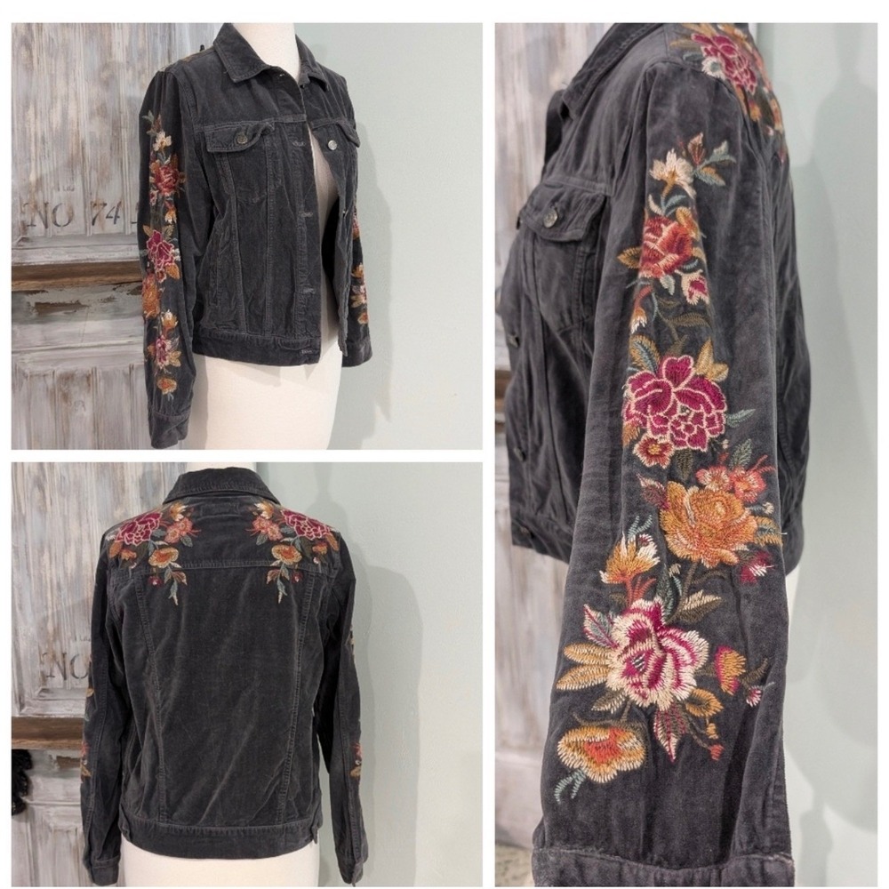 Johnny Was Workshop Corduroy Floral Embroidered Trucker Jacket Womens L Gray